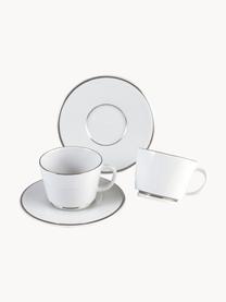 Handgefertigte Porzellan-Espressotassen Vitruv mit Untertassen und handgemaltem Platinrand, 2 Stück, Porzellan, Weiß mit Platinrand, Ø 7 x H 6 cm, 100 ml