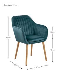 Fluwelen armstoel Emilia in blauw met houten poten, Bekleding: polyester fluweel, Poten: eikenhout, geolied, Fluweel blauw, poten eikenhout, B 57 x D 59 cm