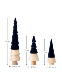 Decoratieve fluwelen boompjesset Thace, 3-delig, Hout, polyester fluweel, Licht hout, donkerblauw, Set met verschillende formaten