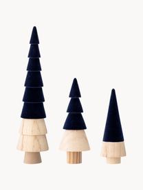 Samt-Deko-Bäume-Set Thace, 3 Stück, Holz, Polyestersamt, Helles Holz, Dunkelblau, Set mit verschiedenen Größen