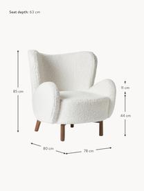 Fauteuil à oreilles en tissu peluche Kalia, Tissu peluche blanc, bois de hêtre foncé, larg. 78 x prof. 80 cm