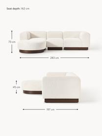 Modulares Sofa Natalie (3-Sitzer) aus Teddy-Bouclé mit Hocker, Bezug: Teddy-Bouclé (100 % Polye, Gestell: mitteldichte Holzfaserpla, Sockel: Massives Buchenholz, lack, Teddy-Bouclé Off White, dunkles Buchenholz, B 283 x T 197 cm