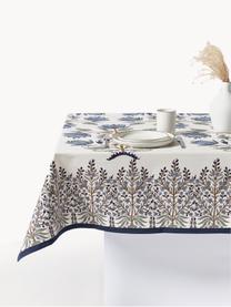 Nappe en coton avec motif à fleurs Flora, 100 % coton, Bleu foncé, brun, vert olive, blanc cassé, 8-10 personnes (larg. 170 cm x long. 300)