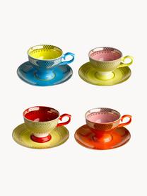 Espressotassen Grandma mit Untertassen, 4er-Set, Porzellan, Hellgelb, Orange, Blau, Rosa, Ø 8 x H 6 cm, 90 ml