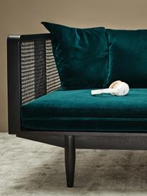 Samt-Sofa Big Sur (3-Sitzer) mit Wiener Geflecht, Bezug: 100% Polyestersamt, Rahmen: Mangoholz, Rattan, Flaschengrün, Schwarz, 106 x 79 cm