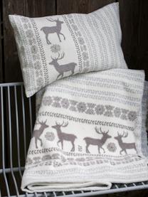 Plaid Hirsch mit winterlichen Motiven, Bezug: 85% Baumwolle, 8% Viskose, Beige, Grau, Hellblau, 150 x 200 cm