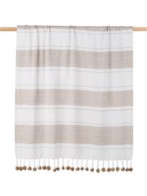 Katoenen plaid Pom Pom met strepen patroon in wit/taupe, 100% katoen, Gebroken wit, taupe, 130 x 170 cm