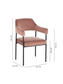 Sedia con braccioli in velluto Zoe, Rivestimento: velluto (poliestere) 50.0, Struttura: metallo verniciato a polv, Velluto rosa cipria, Larg. 56 x Prof. 62 cm