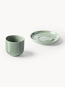 Tazas de café espresso con platitos de porcelana Nessa, 4 uds., Porcelana dura de alta calidad, esmaltada, Verde salvia brillante, Ø 7 x Al 6 cm, 90 ml