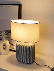 Gestreepte ovale keramische tafellamp Pure Shine, Lampenkap: stof, Lampvoet: keramiek, Wit, grijs, Ø 27 x H 38 cm