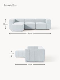 Modulares Bouclé-Sofa Lena (4-Sitzer) mit Hocker, Bezug: Bouclé (93 % Polyester, 6, Gestell: Buchenholz, Spanplatte, H, Bouclé Hellblau, B 287 x T 181 cm