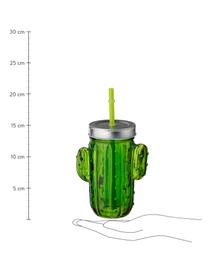 Drinkglazenset Cactus, 2-delig, Drinkglas: glas, Deksel: metaal, Rietje: kunststof, Groentinten, 12 x 15 cm