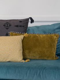 Housse de coussin en velours jaune foncé avec pompons Avoriaz, Jaune