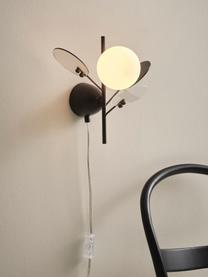 Design wandlamp Petal met stekker, Lampenkap: opaalglas, Decoratie: glas, Zwart, transparant, D 28 x H 25 cm