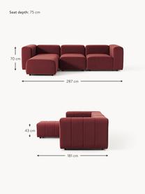 Modulares Samt-Sofa Lena (4-Sitzer) mit Hocker, Bezug: Samt (100 % Polyester) De, Gestell: Buchenholz, Spanplatte, H, Füße: Kunststoff, Samt Weinrot, B 287 x T 181 cm