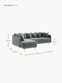 Sofá rinconera de terciopelo Esme (4 plazas), Tapizado: 100% terciopelo de poliés, Asiento: muelles ondulados, espuma, Estructura: madera dura, madera bland, Patas: metal recubierto, Terciopelo gris oscuro, An 255 x F 165 cm, chaise longue izquierda