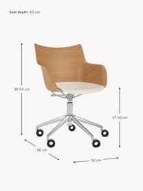 Silla de escritorio con reposabrazos Q/WOOD, altura regulable, Asiento: madera, plástico, Estructura: acero cromado, Ruedas: plástico, Madera, blanco, An 62 x F 60 cm