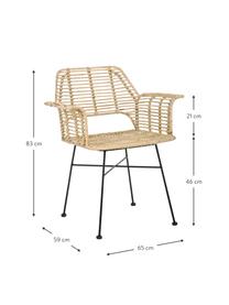 Krzesło z podłokietnikami z rattanu Tunas, Stelaż: metal malowany proszkowo, Beżowy, czarny, S 65 x G 59 cm