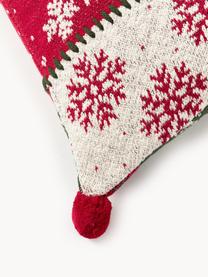 Copricuscino a maglia ricamata con motivo natalizio Derby, 100% cotone, Rosso, verde scuro, bianco, Larg. 50 x Lung. 50 cm