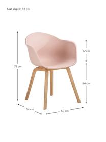 Sedia con braccioli e gambe in legno Claire, Seduta: plastica, Gambe: legno di faggio, Materiale sintetico rosa, Larg. 60 x Alt. 54 cm