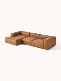 Modulaire hoekbank Lennon van gerecycled leer, Bekleding: gerecycled leer (70% leer, Frame: massief hout, multiplex, Poten: kunststof Dit product is , Leer bruin, B 327 x D 180 cm, hoekdeel links