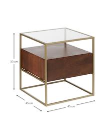 Nachttisch Theodor mit Schublade, Tischplatte: Glas, Gestell: Metall, pulverbeschichtet, Mangoholz, Braun, B 45 x H 50 cm