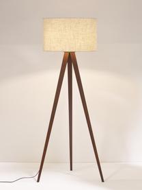 Lámpara de pie trípode de madera maciza Jake, Pantalla: lino, Cable: plástico, Beige, marrón oscuro, Al 150 cm