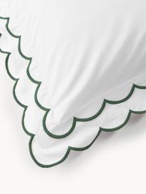 Funda de almohada de percal con dobladillo bordado Atina, Blanco, verde oscuro, An 45 x L 110 cm