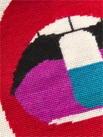 Cojín decorativo artesanal de lana con motivo de labios  Full Dose, Parte delantera: 100% lana, Parte trasera: terciopelo (100% algodón), Blanco Off White, rojo, An 45 x L 45 cm