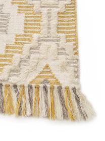 Vlněný koberec v boho stylu s různou výškou povrchu a třásněmi Wanda, Žlutá, šedá, krémová