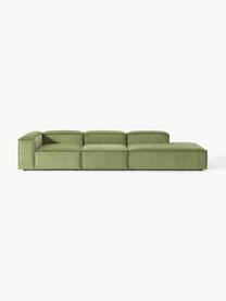 Chaise loungue XL componibile in velluto a coste Lennon, Rivestimento: velluto a coste (92% poli, Struttura: legno di pino massiccio, , Piedini: plastica I piedini si tro, Velluto a coste verde oliva, Larg. 357 x Prof. 119 cm, schienale a sinistra