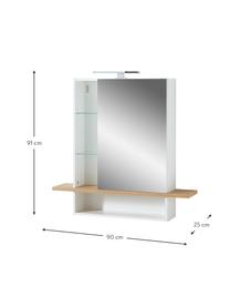 Bad-Spiegelschrank Rodrigo mit LED-Beleuchtung, Korpus: Spanplatte, melaminbeschi, Front: Spanplatte, melaminbeschi, Ablage: Spanplatte mit Melaminhar, Spiegelfläche: Spiegelglas, Weiß, Eichenholz-Optik, B 90 x H 91 cm