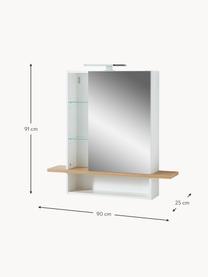 Bad-Spiegelschrank Rodrigo mit LED-Beleuchtung, Korpus: Spanplatte, melaminbeschi, Front: Spanplatte, melaminbeschi, Ablage: Spanplatte mit Melaminhar, Spiegelfläche: Spiegelglas, Weiß, Eichenholz-Optik, B 90 x H 91 cm