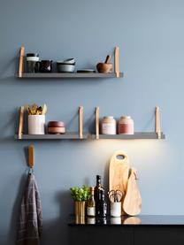 Wandplank Shelfie, Plank: gepoedercoat metaal, Riemen: leer, Grijs, bruin, 50 x 23 cm