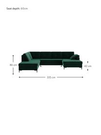 Divano letto angolare in tessuto verde scuro con contenitore Moor, Rivestimento: 100% poliestere con siste, Struttura: legno duro, legno tenero,, Piedini: legno verniciato Il rives, Verde scuro, Larg. 335 x Prof. 235 cm