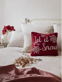 Gebreide kussenhoes Let it Snow in rood/wit met opschrift, Katoen, Rood, crèmewit, B 40 x L 40 cm