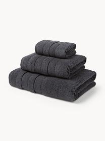 Lot de serviettes de bain avec bordure décorative Luxe, set de tailles variées, Anthracite, 3 éléments (1 serviette invité, 1 serviette de toilette et 1 drap de bain)