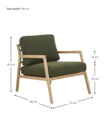 Fauteuil scandi Becky, Tissu vert foncé, bois de chêne, larg. 73 x haut. 71 cm