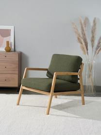 Fauteuil scandi Becky, Tissu vert foncé, bois de chêne, larg. 73 x haut. 71 cm