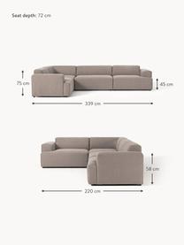 Großes Ecksofa Melva (4-Sitzer), Bezug: 100 % Polyester Der strap, Gestell: Massives Kiefern- und Fic, Füße: Kunststoff Dieses Produkt, Webstoff Taupe, B 339 x T 220 cm, Eckteil links