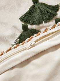 Federa arredo in velluto con motivo natalizio e nappe Skyler, Bianco crema, verde, Larg. 45 x Lung. 45 cm