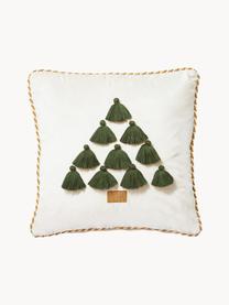 Fluwelen kussenhoes Skyler met kerstmotief en kwastjes, Kwastjes: 100 % katoen, Crèmewit, groen, B 45 x L 45 cm