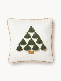 Fluwelen kussenhoes Skyler met kerstmotief en kwastjes, Kwastjes: 100 % katoen, Crèmewit, groen, B 45 x L 45 cm