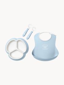 Set 4 stoviglie per bambini con bavaglino Bliss, Plastica, Azzurro, bianco, Larg. 17 x Alt. 13 cm