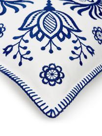 Kussenhoes Folk met geborduurd patroon, 100% katoen, Blauw, wit, B 45 x L 45 cm