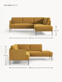 Divano angolare Fluente, Rivestimento: 100% poliestere Con 115.0, Struttura: legno di pino massiccio, Piedini: metallo verniciato a polv, Tessuto ocra, Larg. 221 x Prof. 200 cm, chaise longue a sinistra