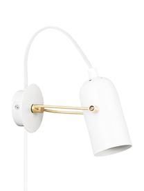 Retro wandlamp Swan met stekker, Lampenkap: gecoat metaal, Wit, messingkleurig, 8 x 21 cm