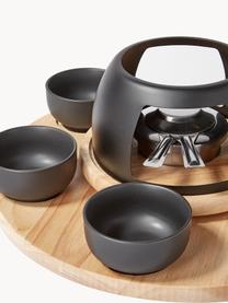 Set fondue de acero inoxidable y porcelana Maro, 6 comensales (22 pzas.), Negro, plateado, madera clara, Set de diferentes tamaños