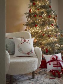 Copricuscino ricamato con motivo natalizio Tinsel, 100% cotone, Bianco, multicolore, rosso, Larg. 45 x Lung. 45 cm