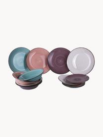 Handbeschilderde serviesset Round, 4 personen (12-delig), Keramiek, Turquoise, oudroze, aubergine, lichtgrijs, 4 personen (12-delig)